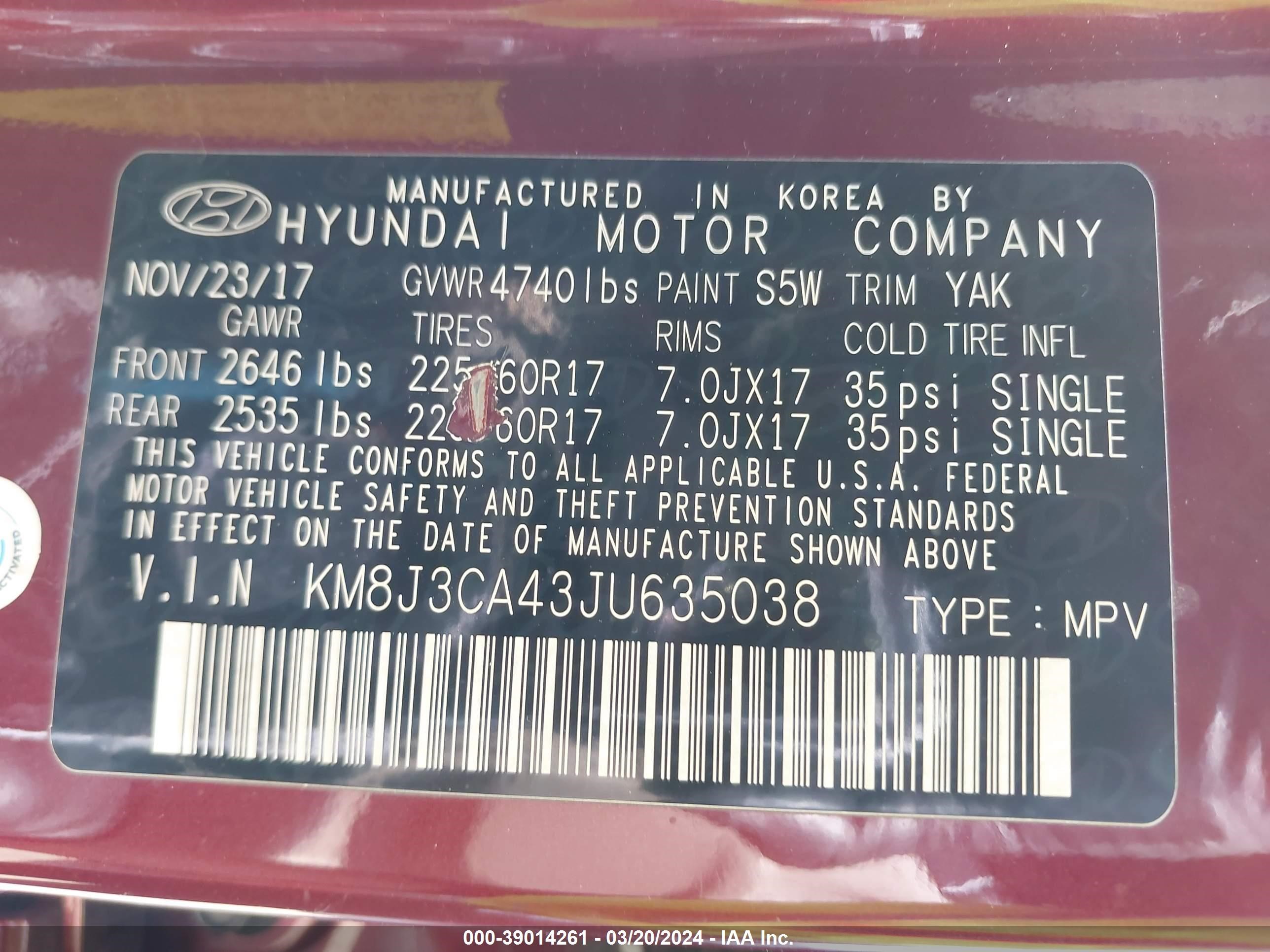 Photo 8 VIN: KM8J3CA43JU635038 - HYUNDAI TUCSON 