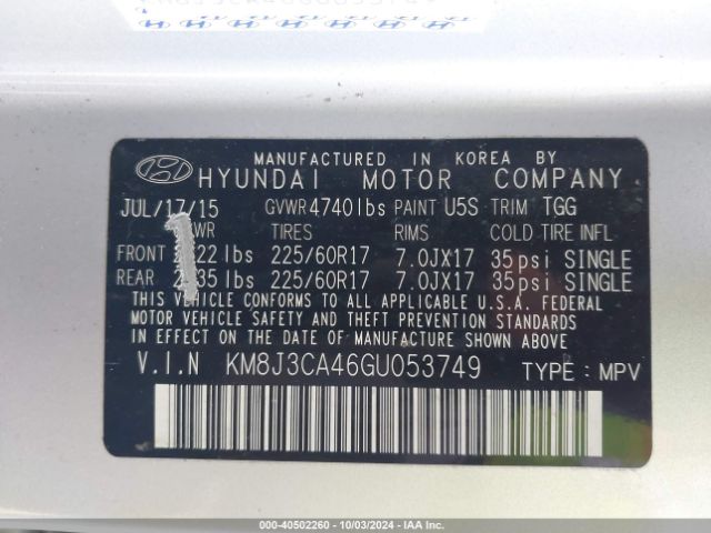 Photo 8 VIN: KM8J3CA46GU053749 - HYUNDAI TUCSON 