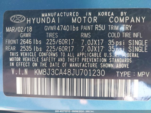 Photo 8 VIN: KM8J3CA48JU701230 - HYUNDAI TUCSON 