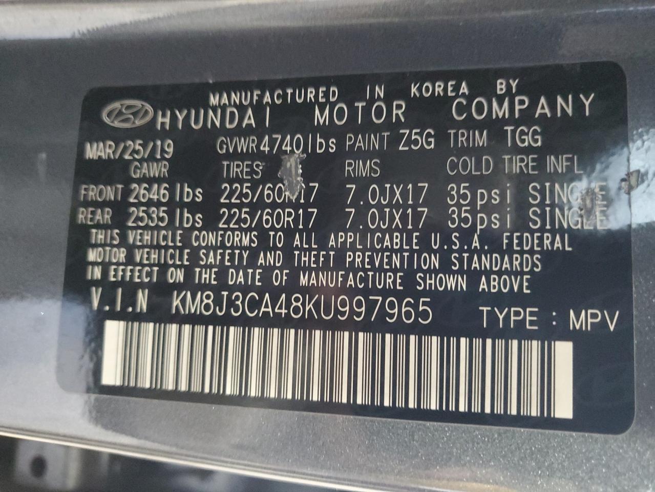 Photo 12 VIN: KM8J3CA48KU997965 - HYUNDAI TUCSON 