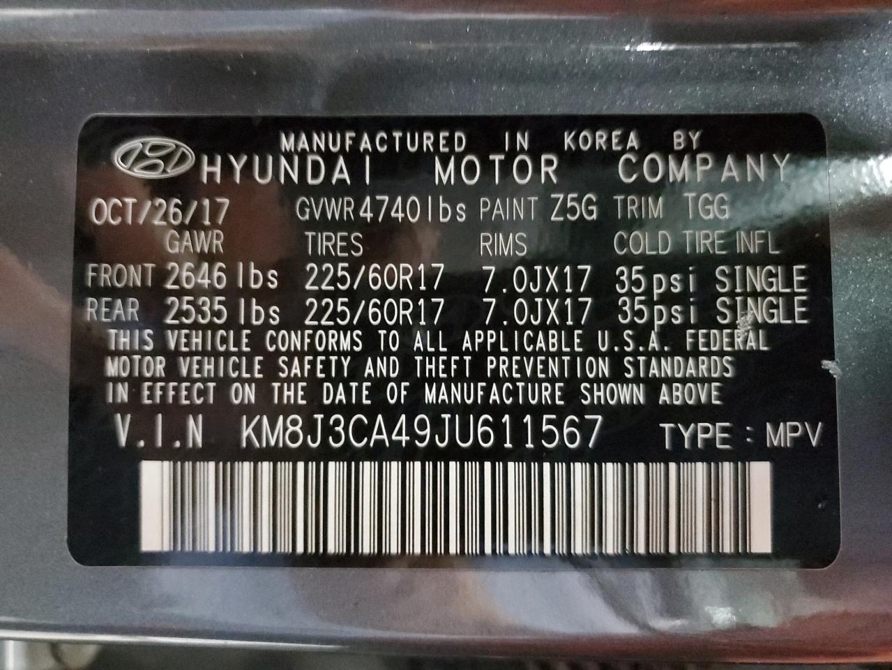 Photo 12 VIN: KM8J3CA49JU611567 - HYUNDAI TUCSON 