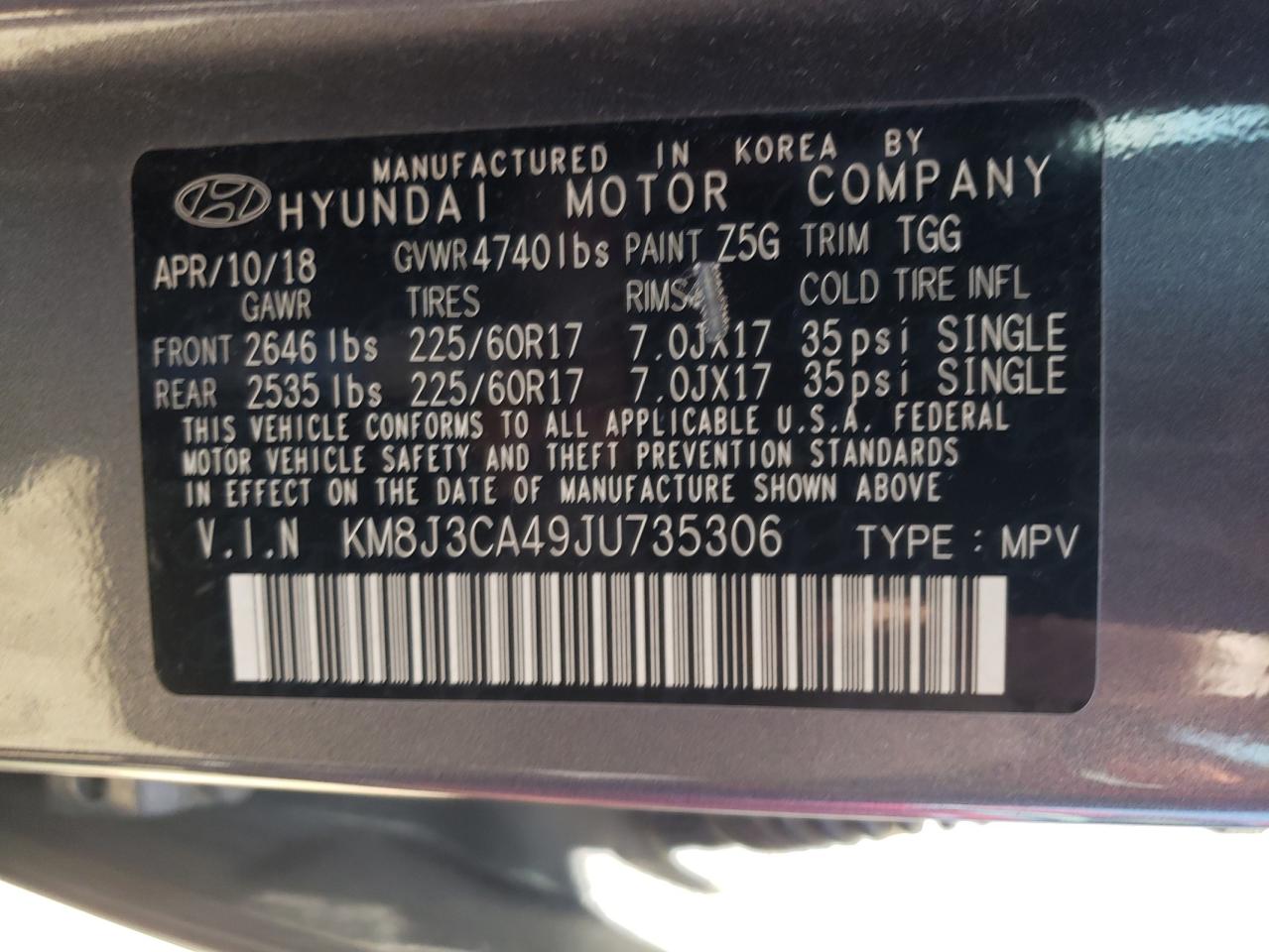 Photo 12 VIN: KM8J3CA49JU735306 - HYUNDAI TUCSON 