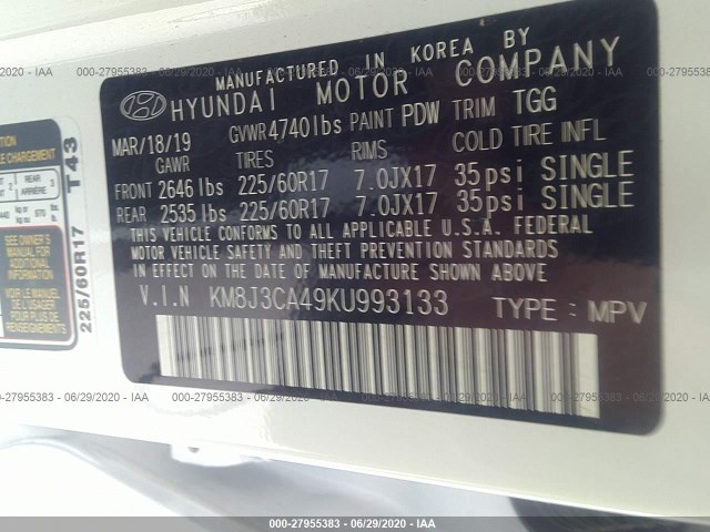 Photo 8 VIN: KM8J3CA49KU993133 - HYUNDAI TUCSON 