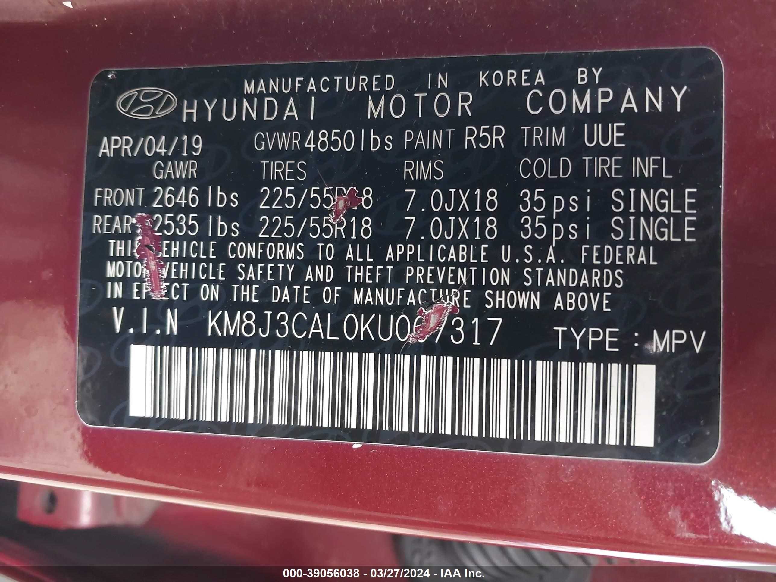 Photo 8 VIN: KM8J3CAL0KU007317 - HYUNDAI TUCSON 