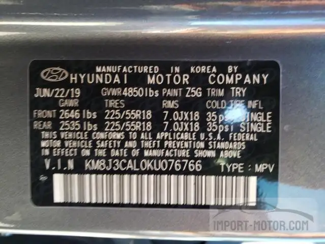 Photo 12 VIN: KM8J3CAL0KU076766 - HYUNDAI TUCSON 