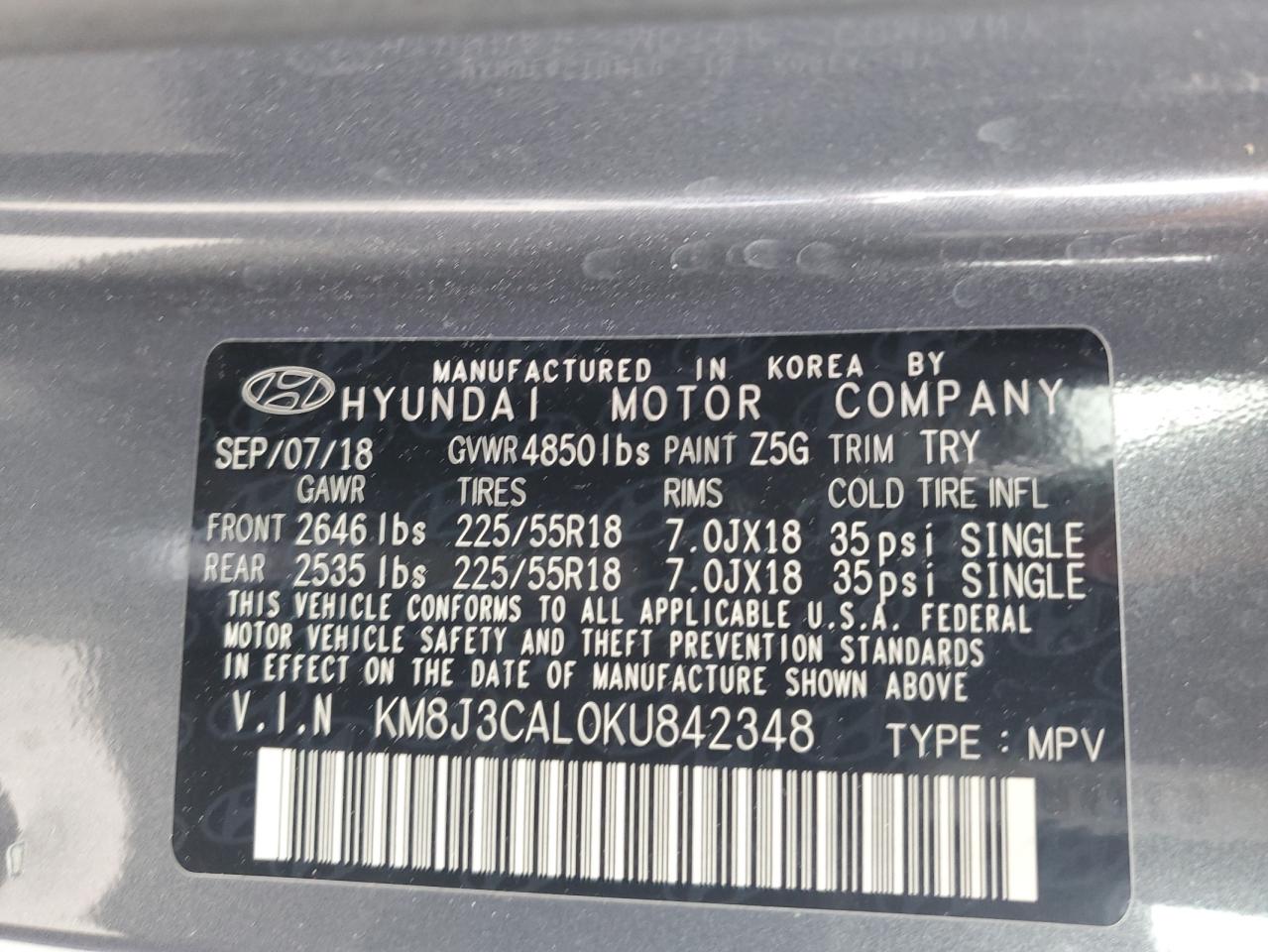 Photo 12 VIN: KM8J3CAL0KU842348 - HYUNDAI TUCSON 