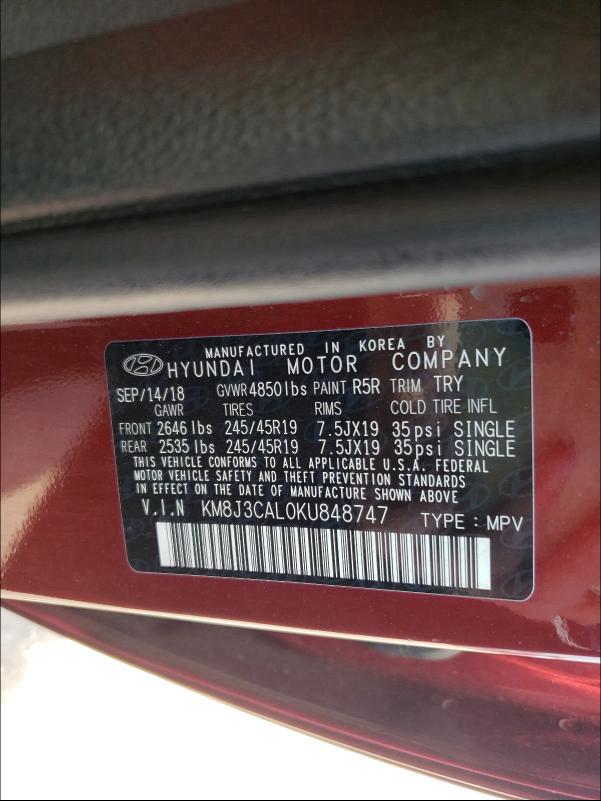 Photo 9 VIN: KM8J3CAL0KU848747 - HYUNDAI TUCSON LIM 