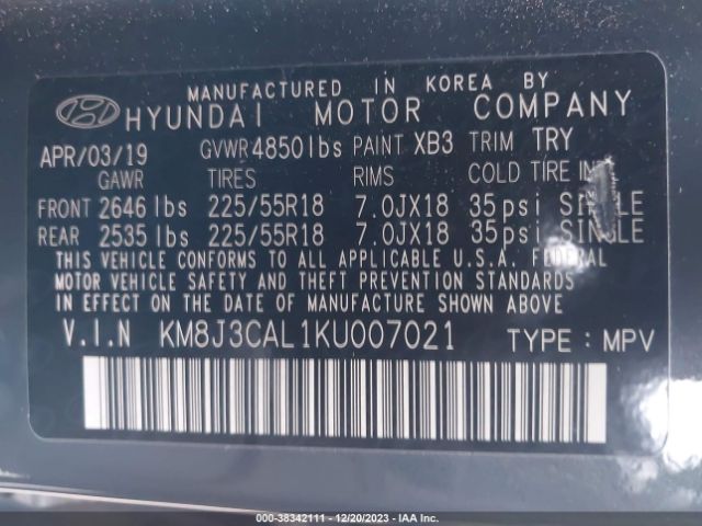 Photo 8 VIN: KM8J3CAL1KU007021 - HYUNDAI TUCSON 