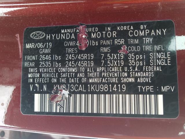 Photo 9 VIN: KM8J3CAL1KU981419 - HYUNDAI TUCSON LIM 