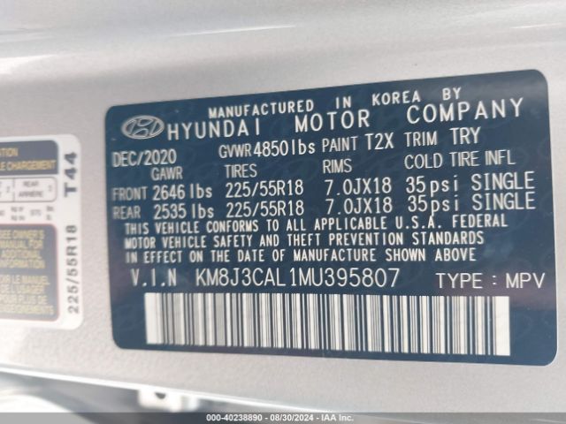 Photo 8 VIN: KM8J3CAL1MU395807 - HYUNDAI TUCSON 