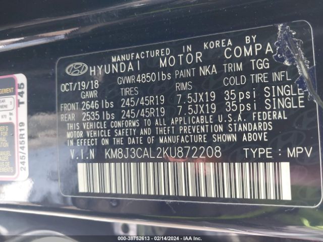 Photo 8 VIN: KM8J3CAL2KU872208 - HYUNDAI TUCSON 