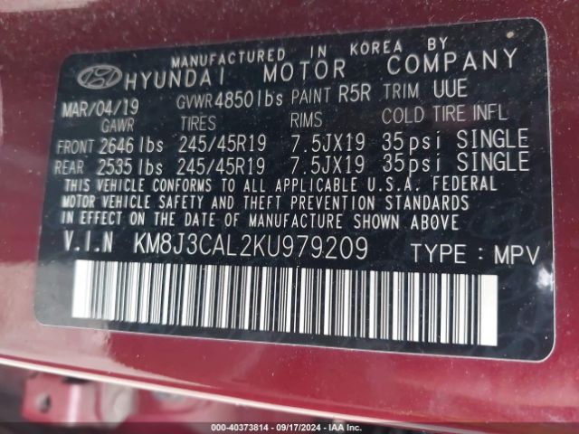 Photo 8 VIN: KM8J3CAL2KU979209 - HYUNDAI TUCSON 