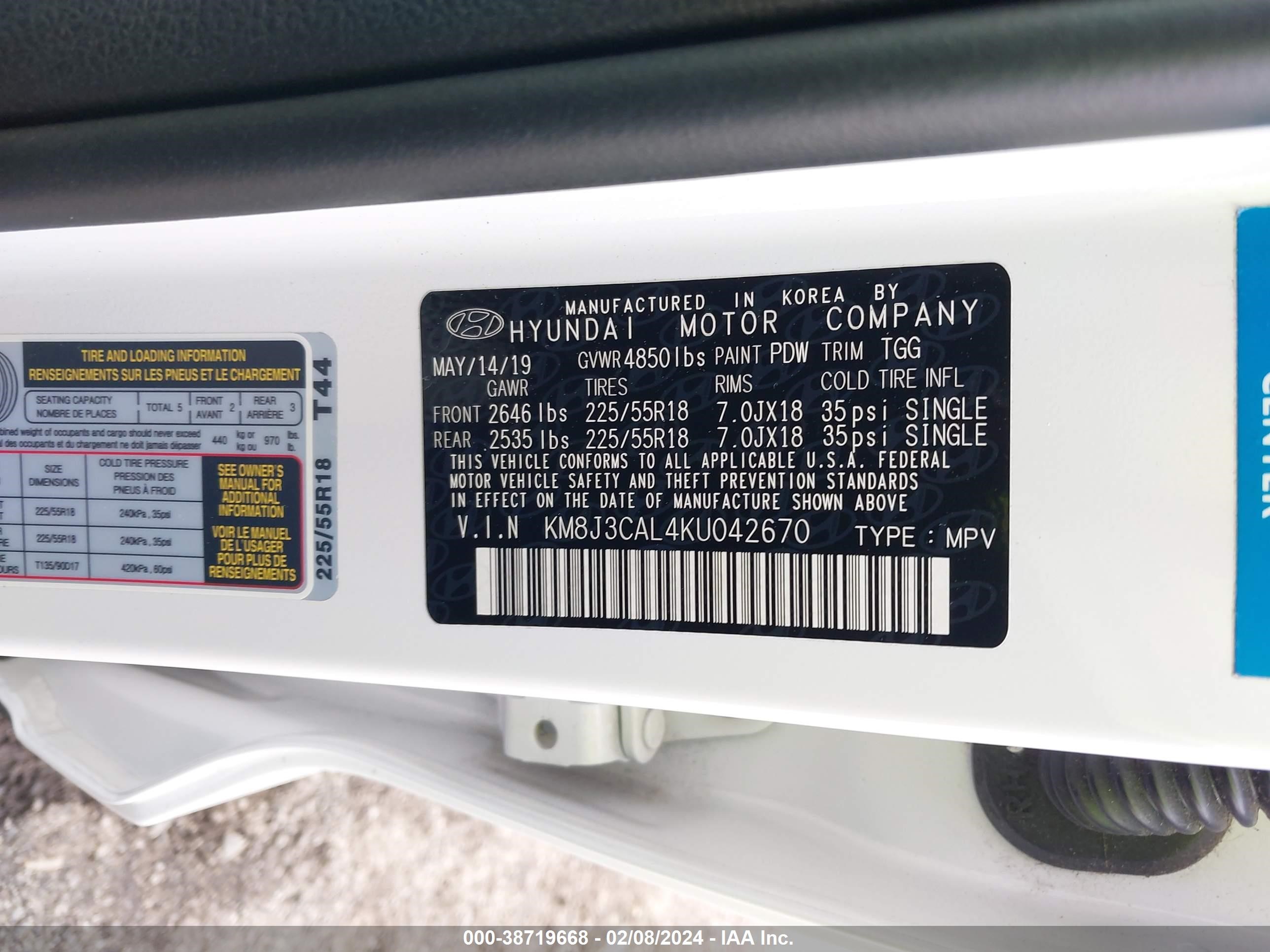 Photo 8 VIN: KM8J3CAL4KU042670 - HYUNDAI TUCSON 