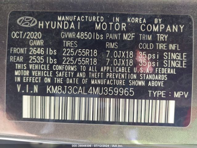 Photo 8 VIN: KM8J3CAL4MU359965 - HYUNDAI TUCSON 