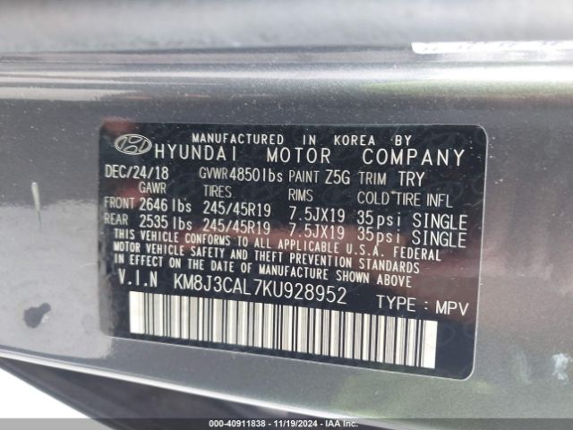 Photo 8 VIN: KM8J3CAL7KU928952 - HYUNDAI TUCSON 