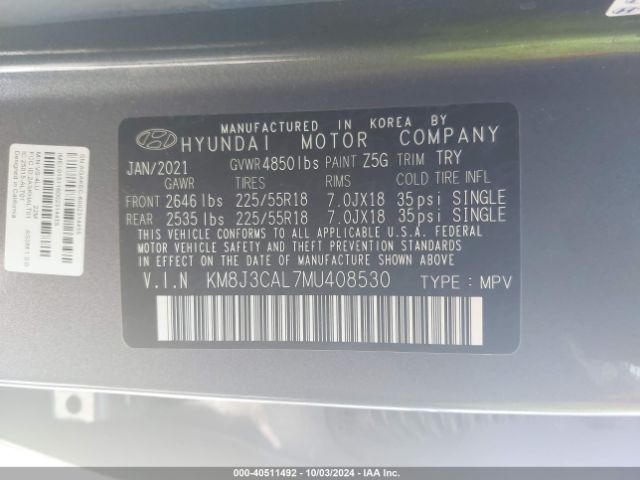 Photo 8 VIN: KM8J3CAL7MU408530 - HYUNDAI TUCSON 