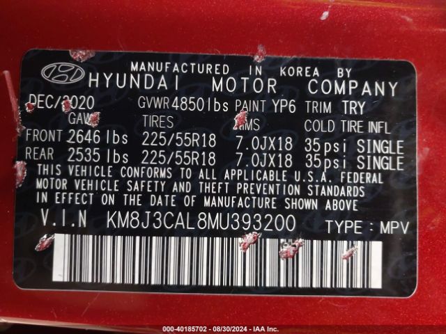 Photo 8 VIN: KM8J3CAL8MU393200 - HYUNDAI TUCSON 