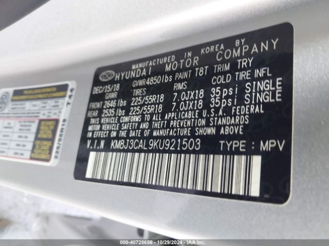 Photo 8 VIN: KM8J3CAL9KU921503 - HYUNDAI TUCSON 