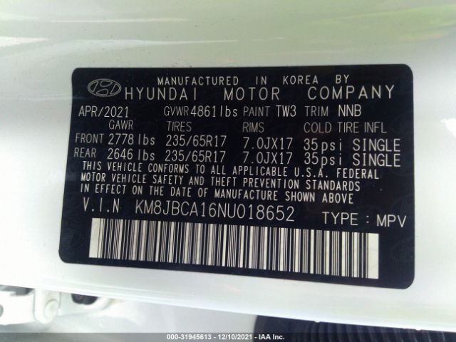 Photo 8 VIN: KM8JBCA16NU018652 - HYUNDAI TUCSON HYBRID 