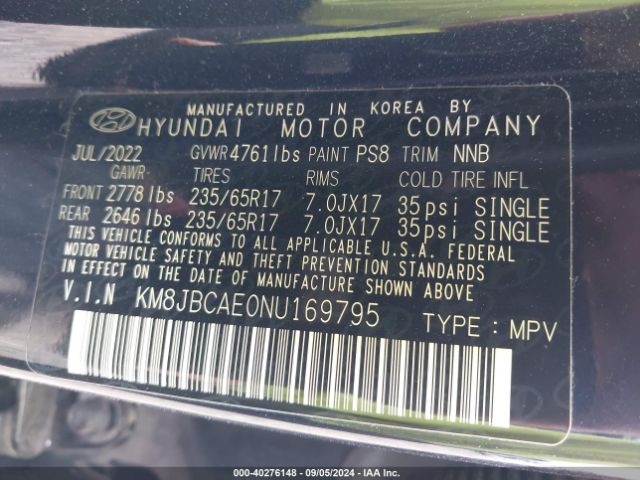 Photo 8 VIN: KM8JBCAE0NU169795 - HYUNDAI TUCSON 