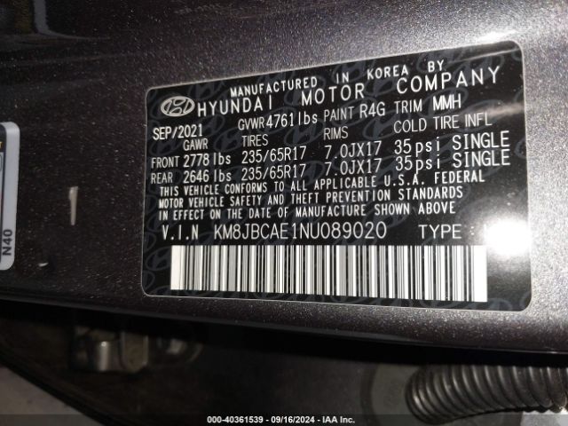 Photo 8 VIN: KM8JBCAE1NU089020 - HYUNDAI TUCSON 