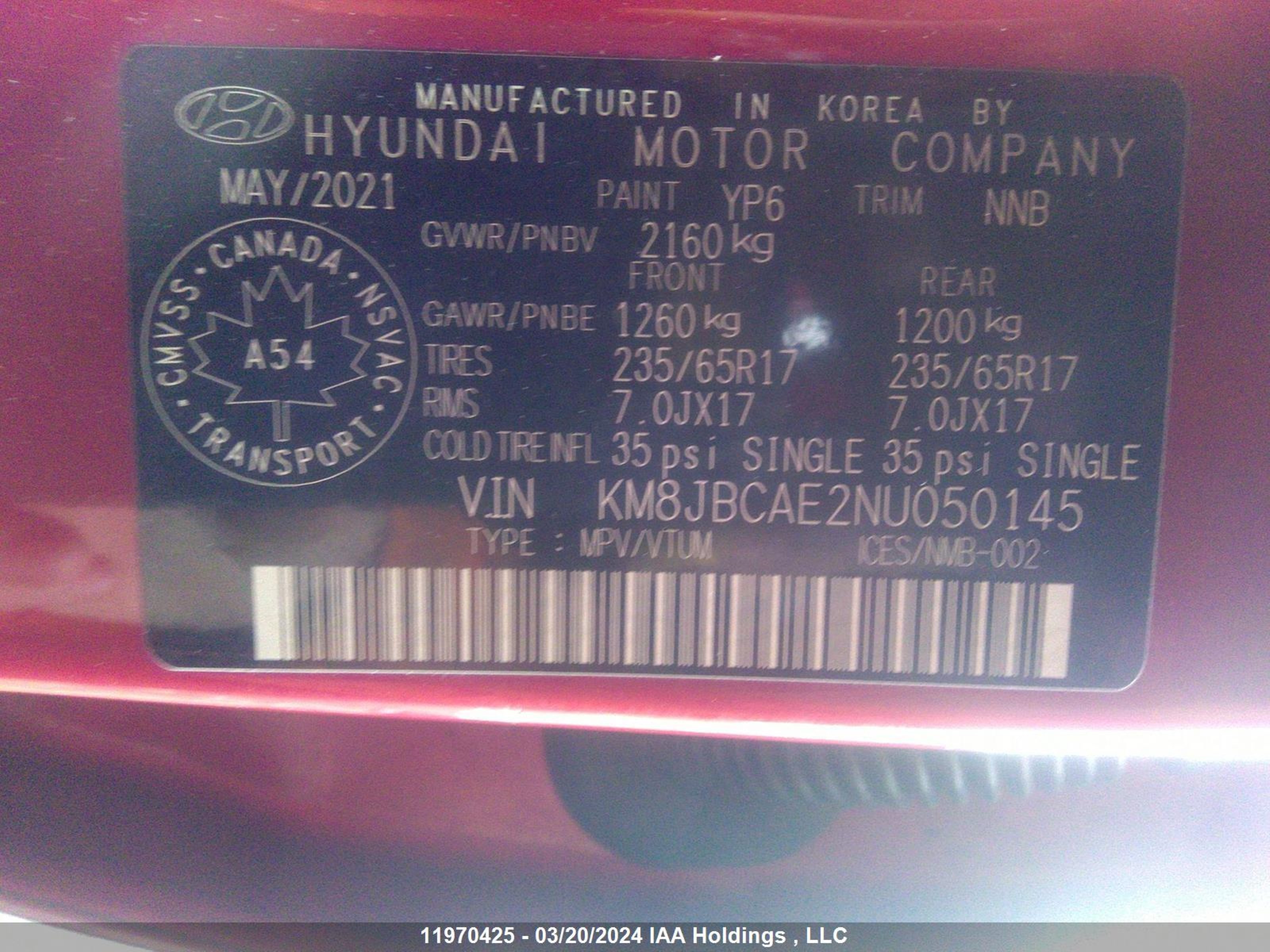 Photo 8 VIN: KM8JBCAE2NU050145 - HYUNDAI TUCSON 