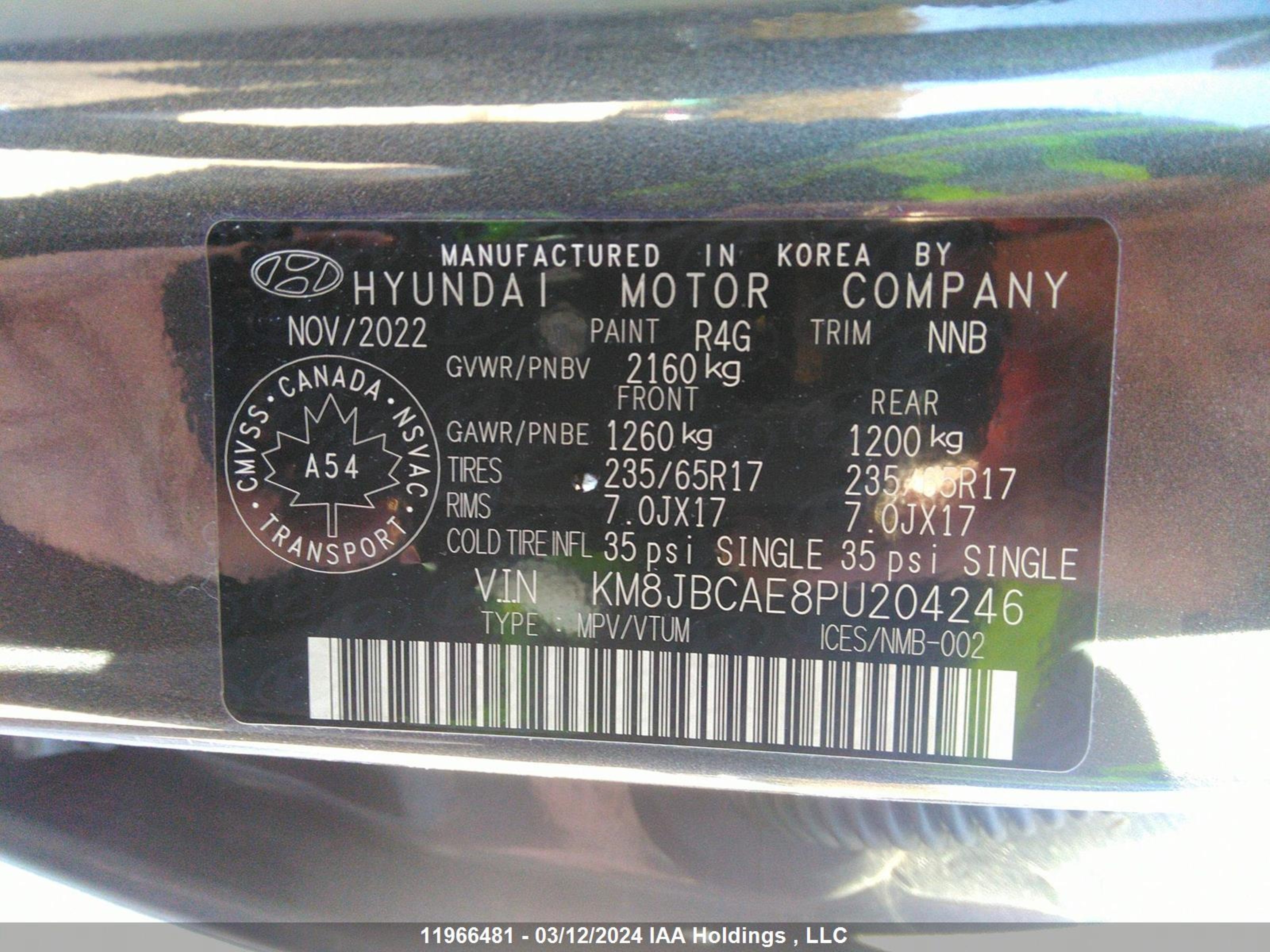 Photo 8 VIN: KM8JBCAE8PU204246 - HYUNDAI TUCSON 