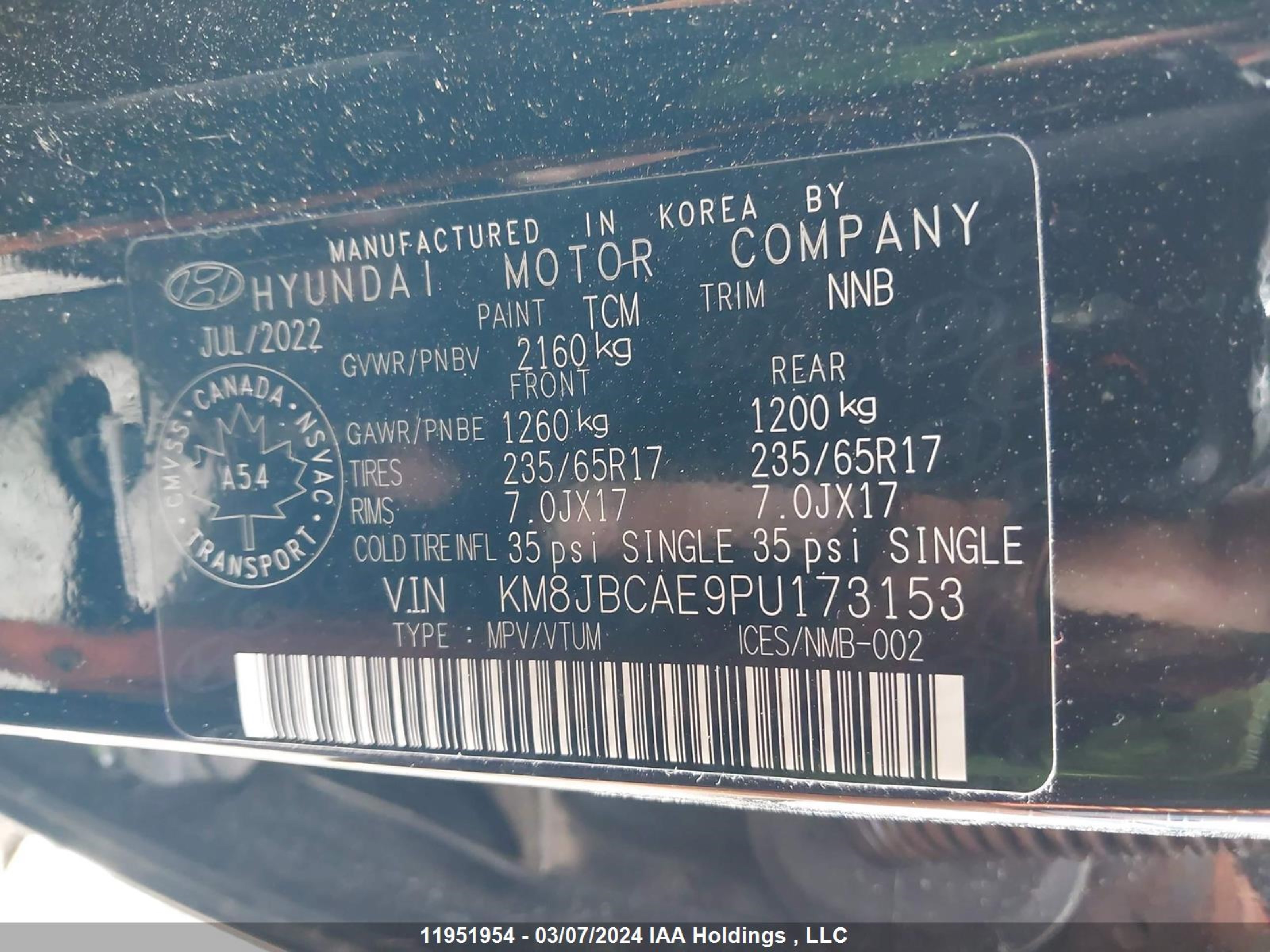 Photo 8 VIN: KM8JBCAE9PU173153 - HYUNDAI TUCSON 