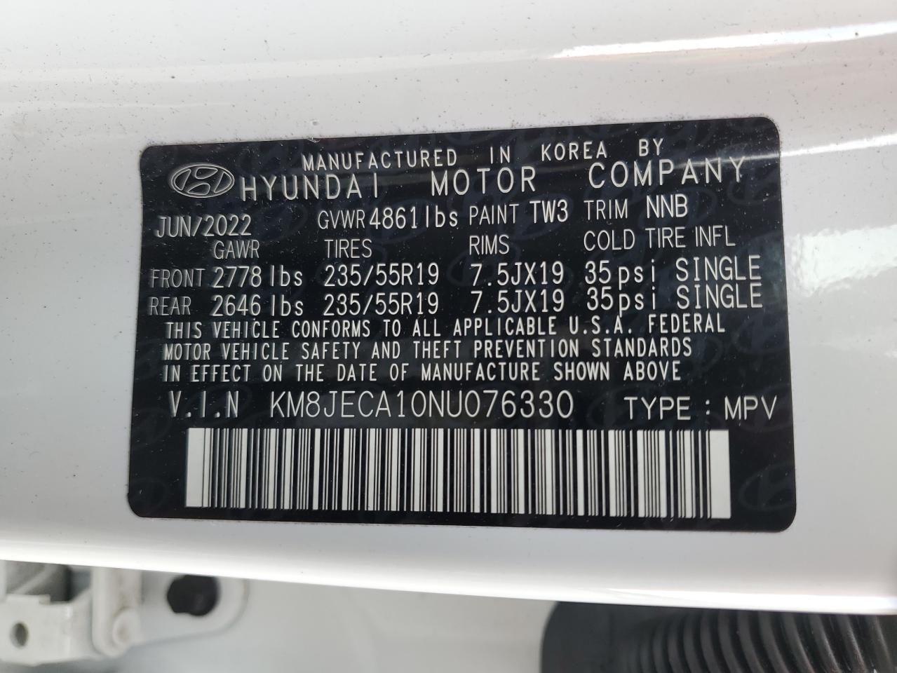 Photo 12 VIN: KM8JECA10NU076330 - HYUNDAI TUCSON 