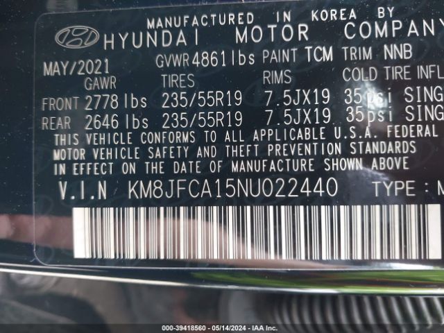 Photo 8 VIN: KM8JFCA15NU022440 - HYUNDAI TUCSON HYBRID 