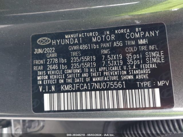 Photo 8 VIN: KM8JFCA17NU075561 - HYUNDAI TUCSON HYBRID 