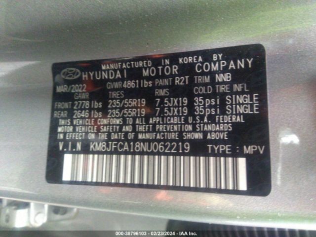 Photo 8 VIN: KM8JFCA18NU062219 - HYUNDAI TUCSON HYBRID 