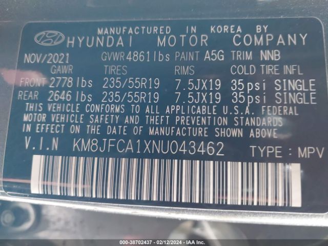 Photo 8 VIN: KM8JFCA1XNU043462 - HYUNDAI TUCSON HYBRID 