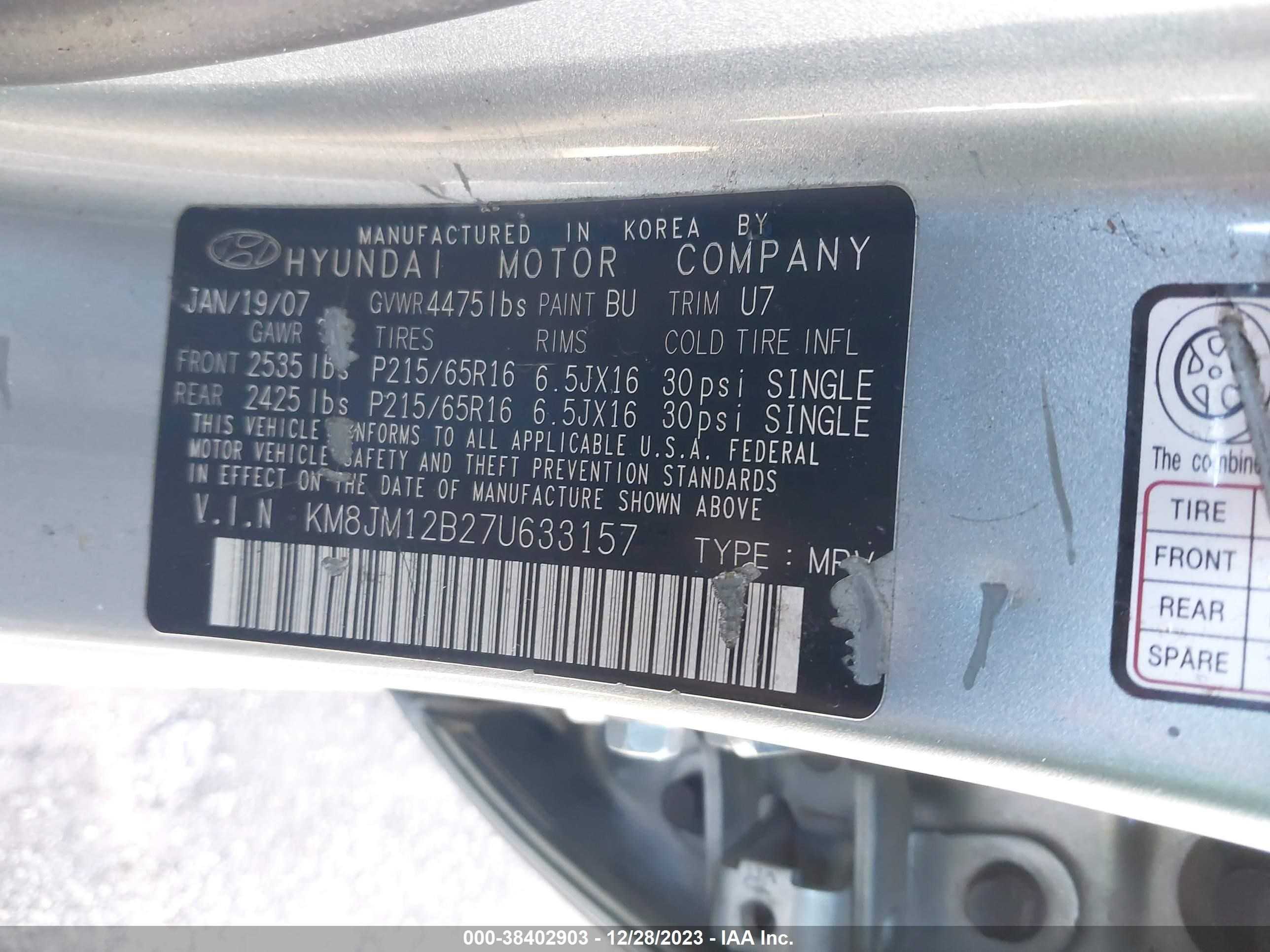 Photo 8 VIN: KM8JM12B27U633157 - HYUNDAI TUCSON 