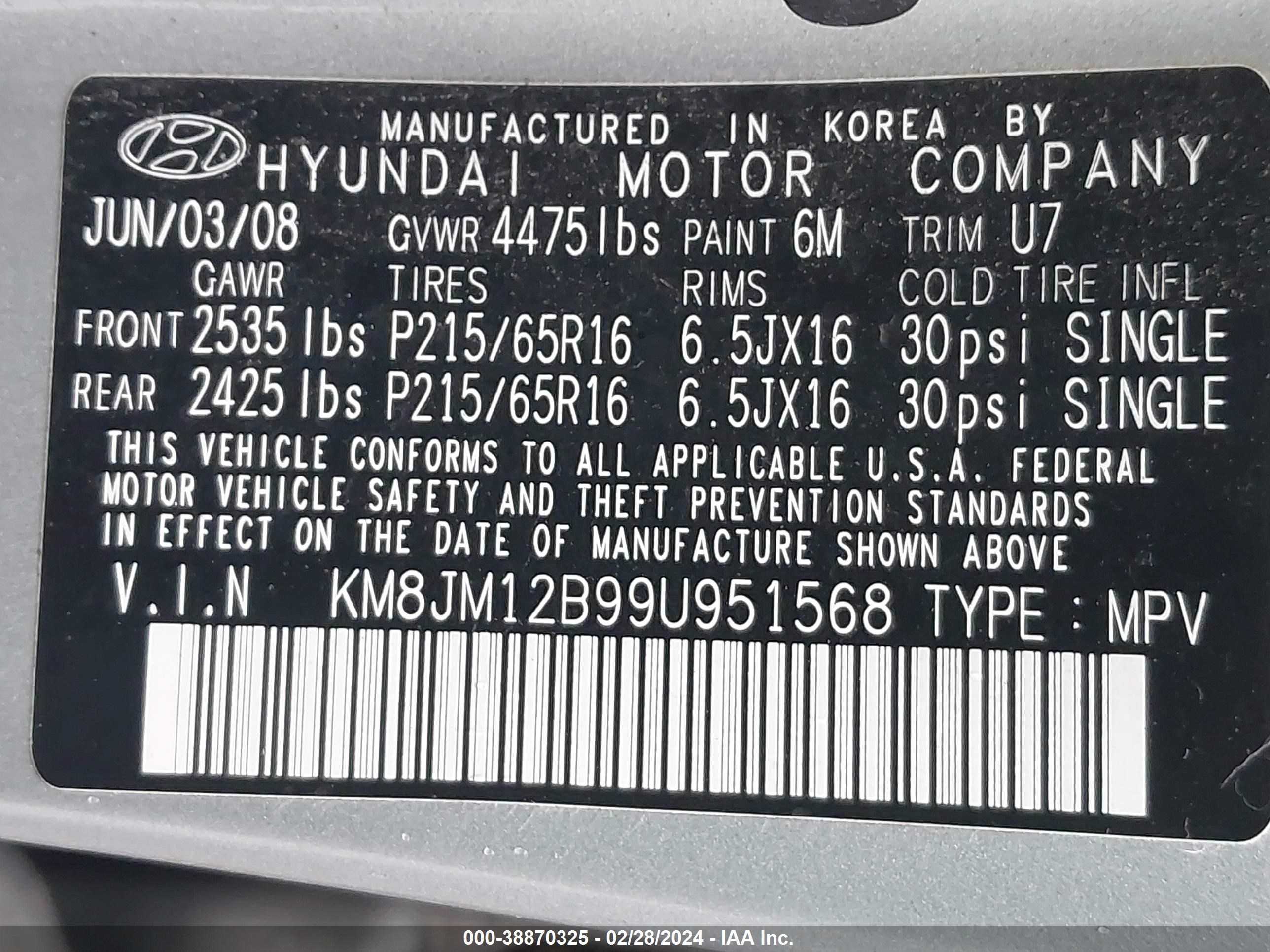 Photo 8 VIN: KM8JM12B99U951568 - HYUNDAI TUCSON 