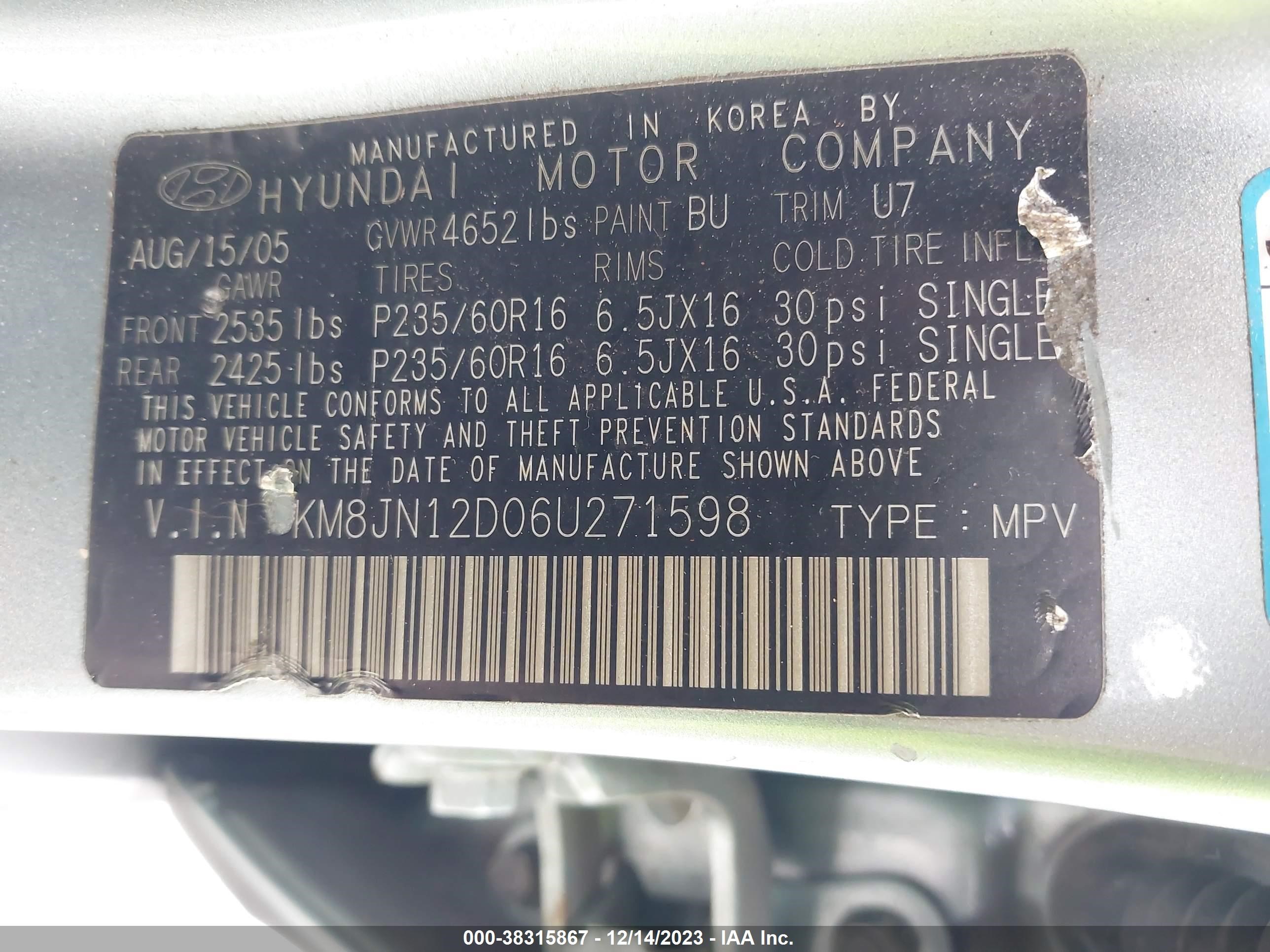 Photo 8 VIN: KM8JN12D06U271598 - HYUNDAI TUCSON 