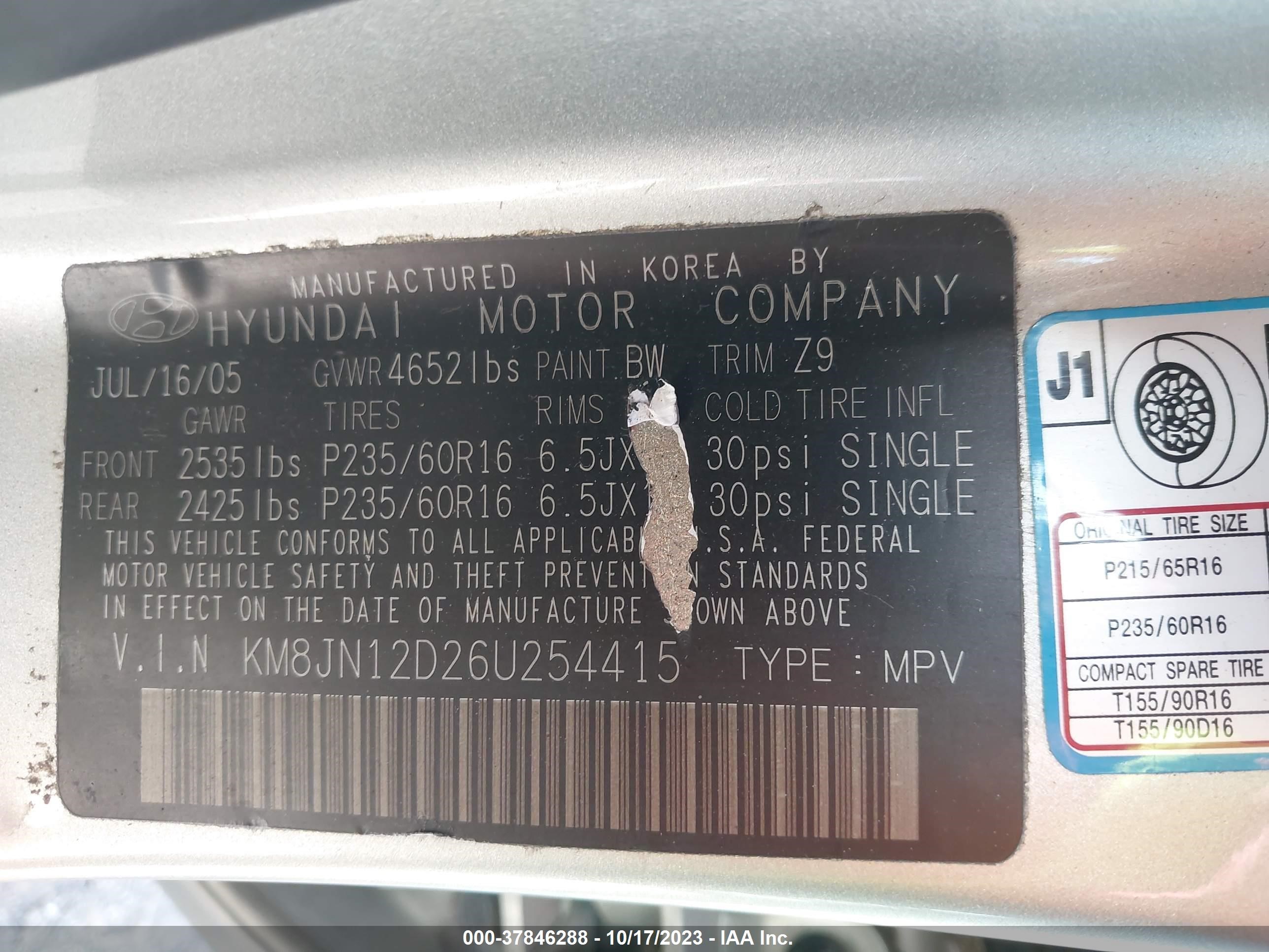 Photo 8 VIN: KM8JN12D26U254415 - HYUNDAI TUCSON 