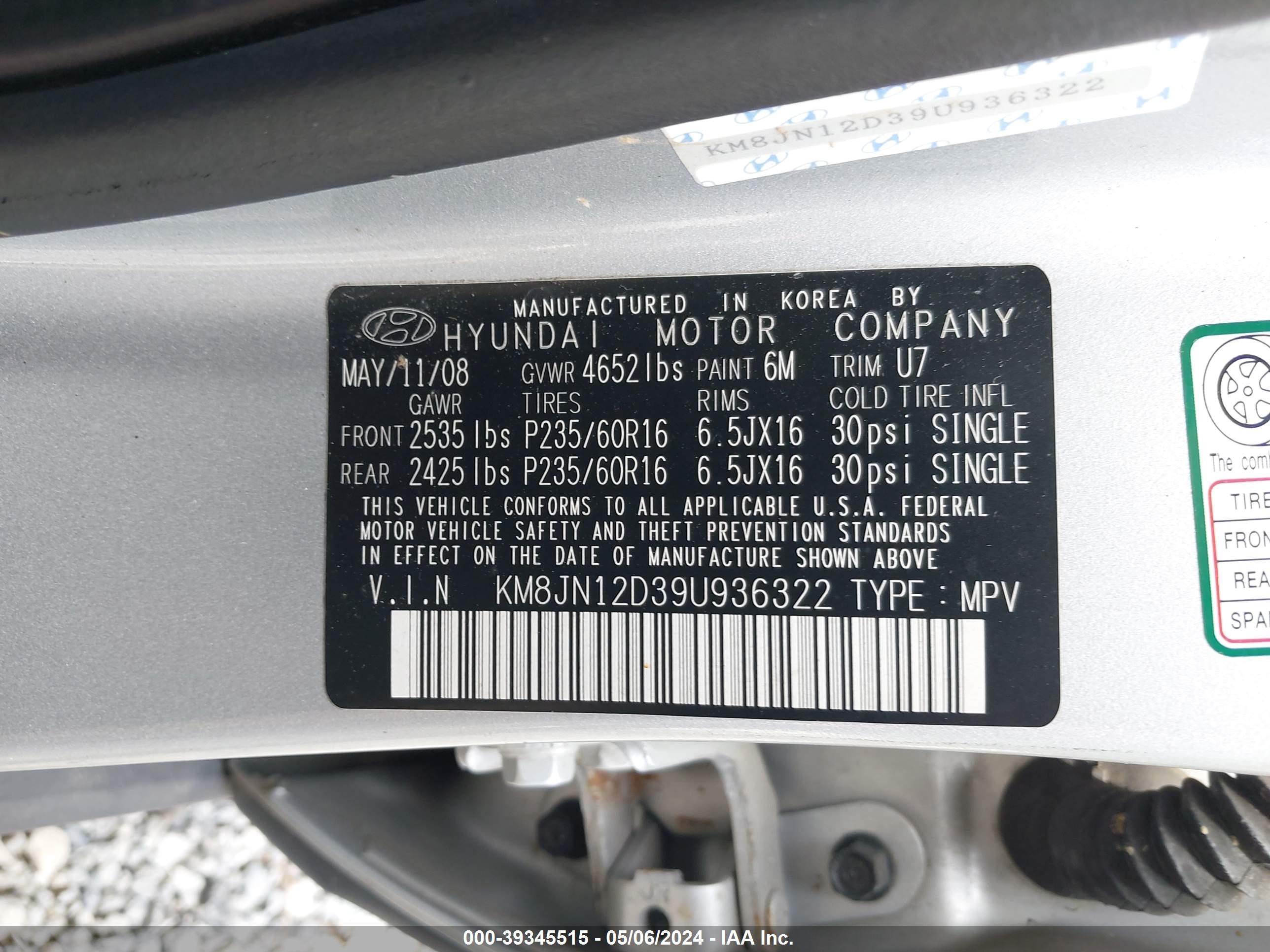 Photo 8 VIN: KM8JN12D39U936322 - HYUNDAI TUCSON 