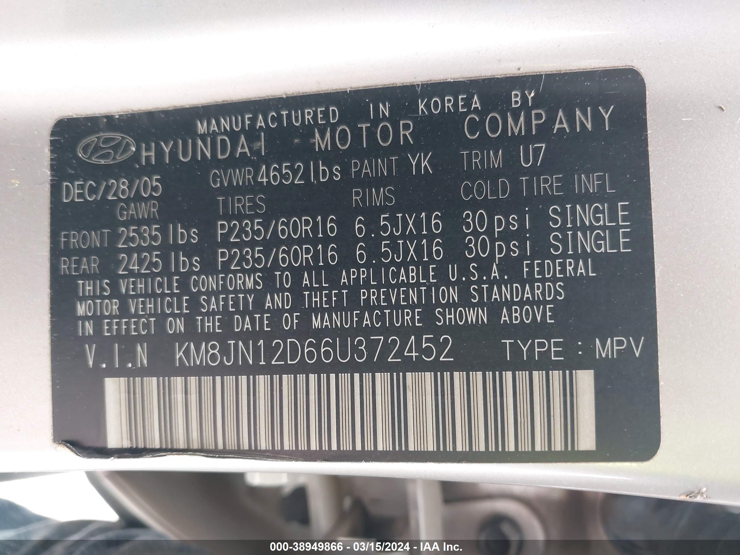 Photo 8 VIN: KM8JN12D66U372452 - HYUNDAI TUCSON 