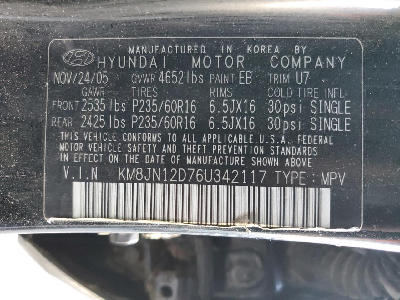 Photo 12 VIN: KM8JN12D76U342117 - HYUNDAI TUCSON 