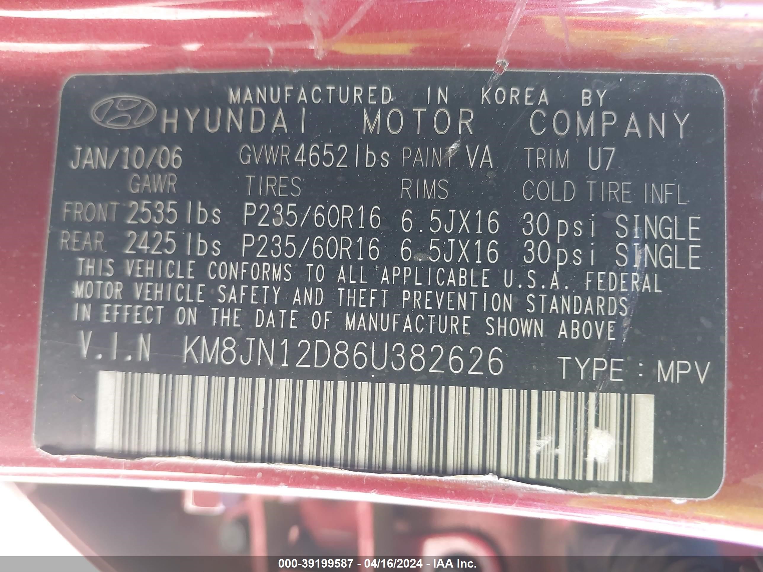 Photo 8 VIN: KM8JN12D86U382626 - HYUNDAI TUCSON 