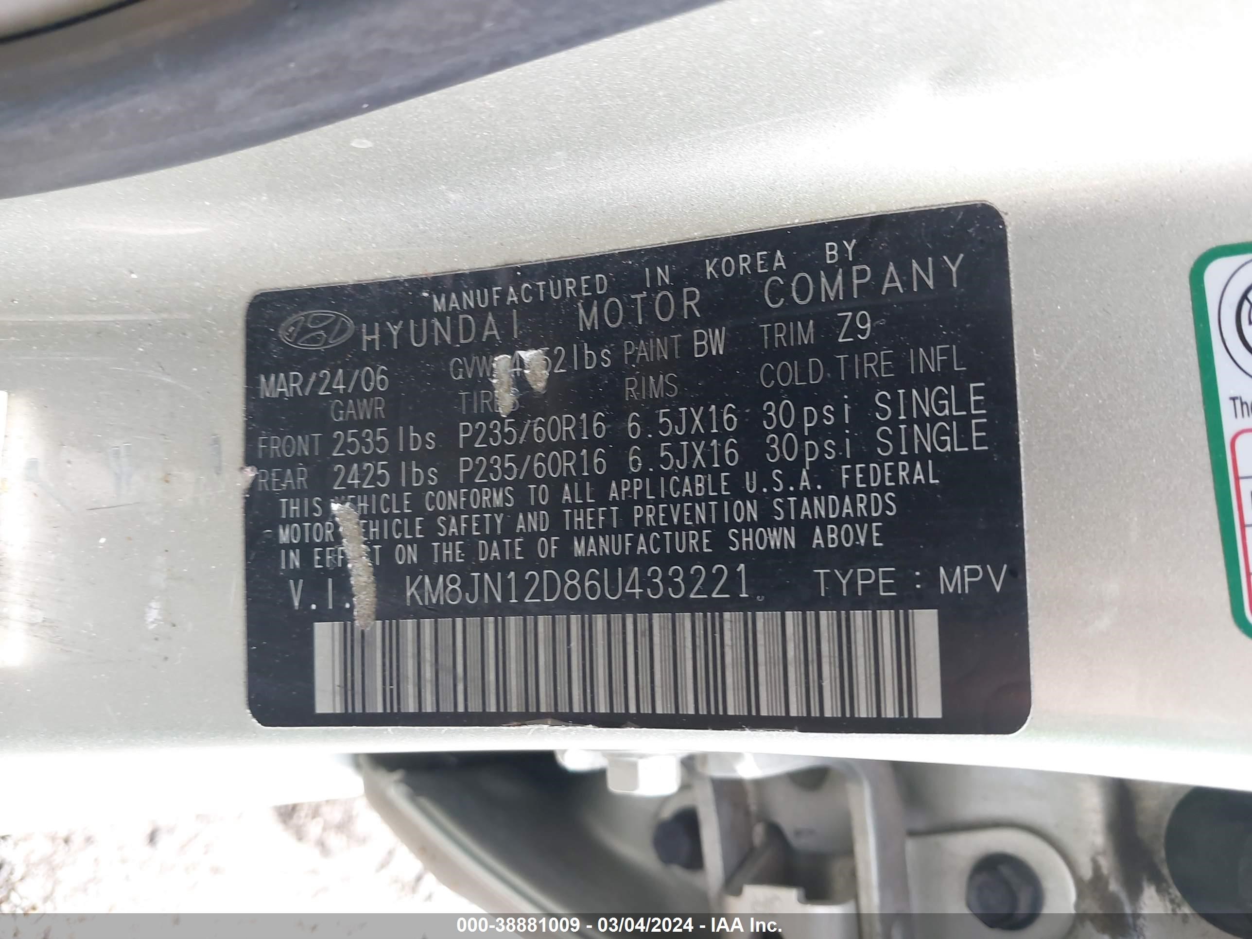 Photo 8 VIN: KM8JN12D86U433221 - HYUNDAI TUCSON 