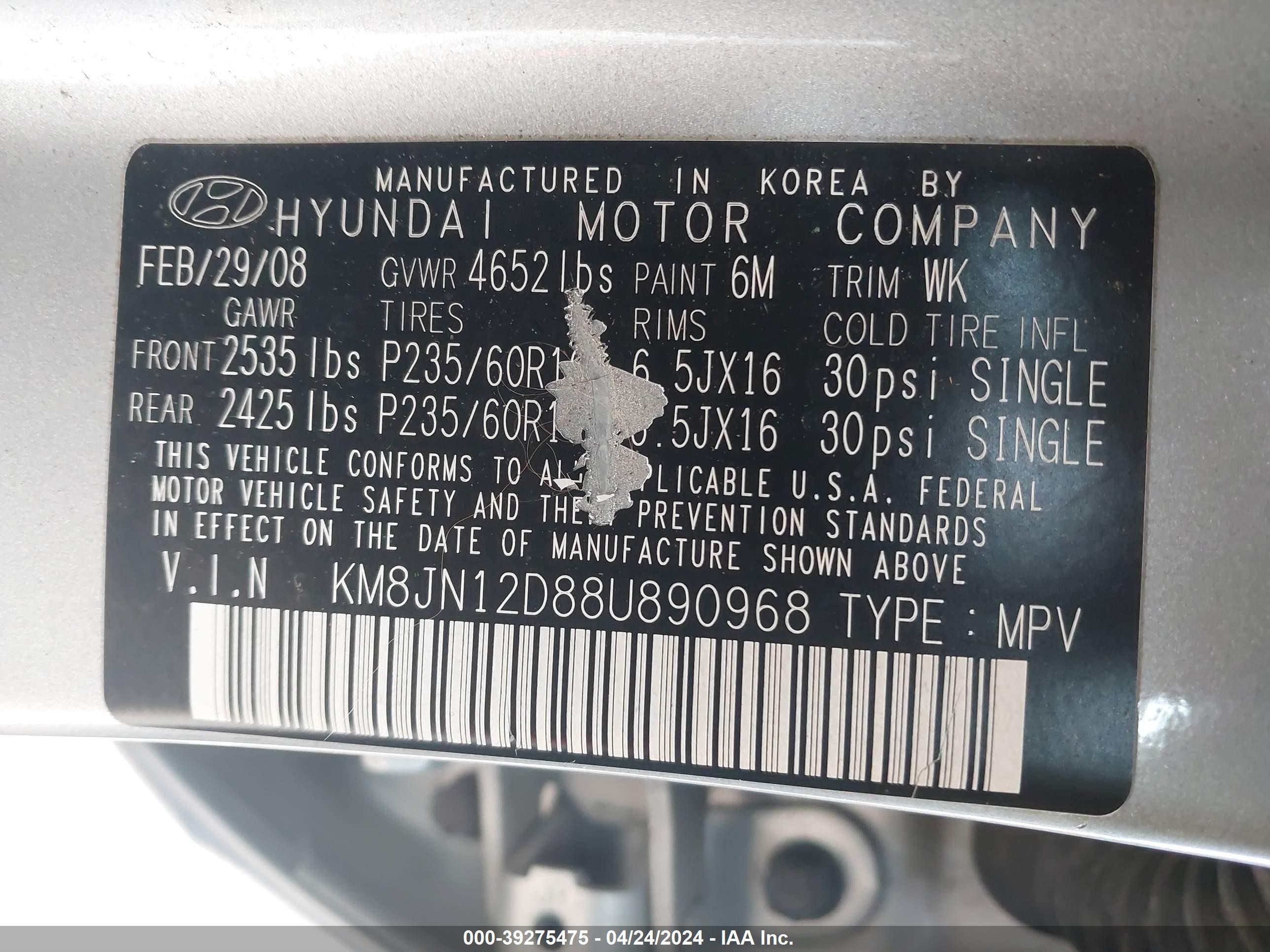 Photo 8 VIN: KM8JN12D88U890968 - HYUNDAI TUCSON 