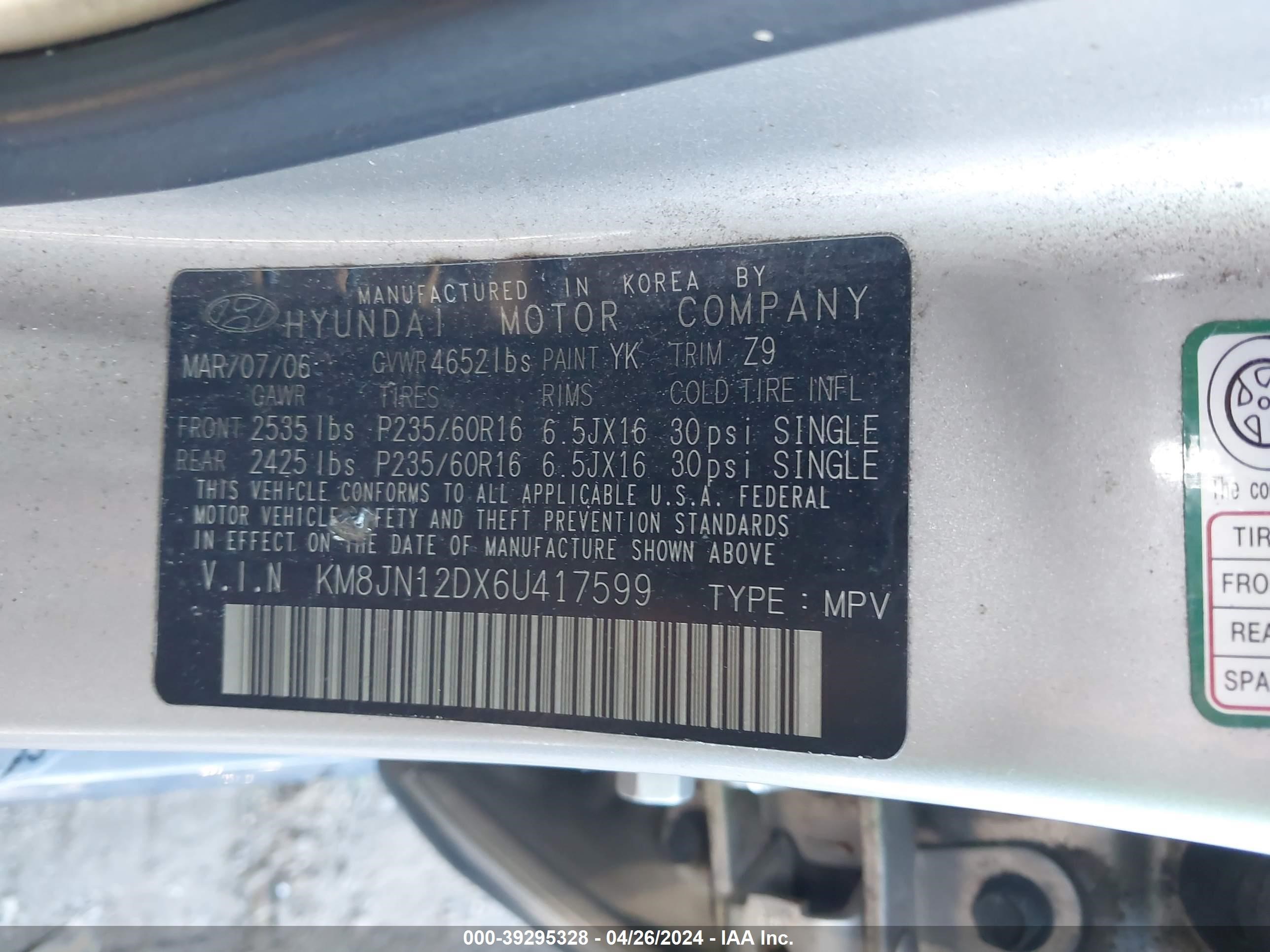 Photo 8 VIN: KM8JN12DX6U417599 - HYUNDAI TUCSON 