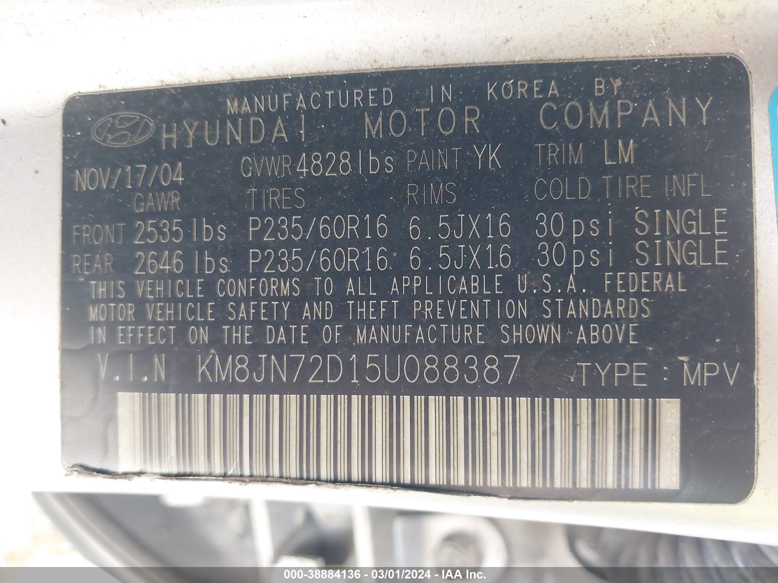 Photo 8 VIN: KM8JN72D15U088387 - HYUNDAI TUCSON 