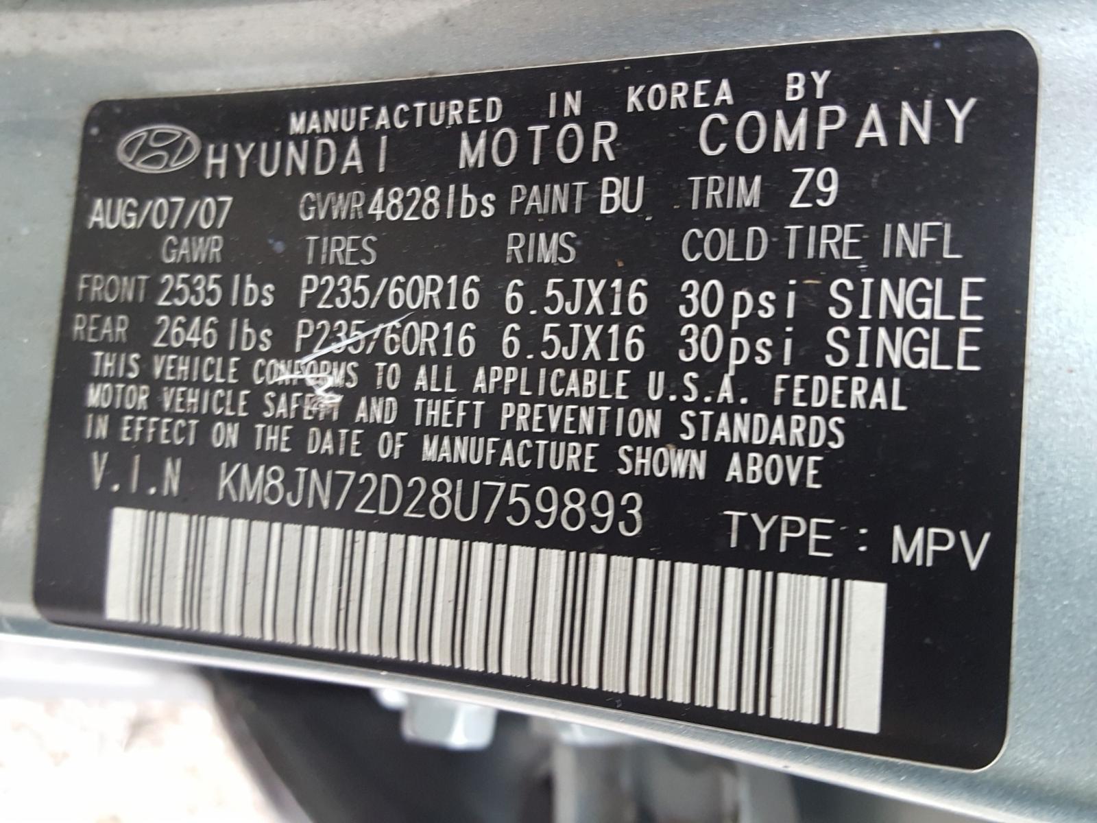 Photo 9 VIN: KM8JN72D28U759893 - HYUNDAI TUCSON SE 