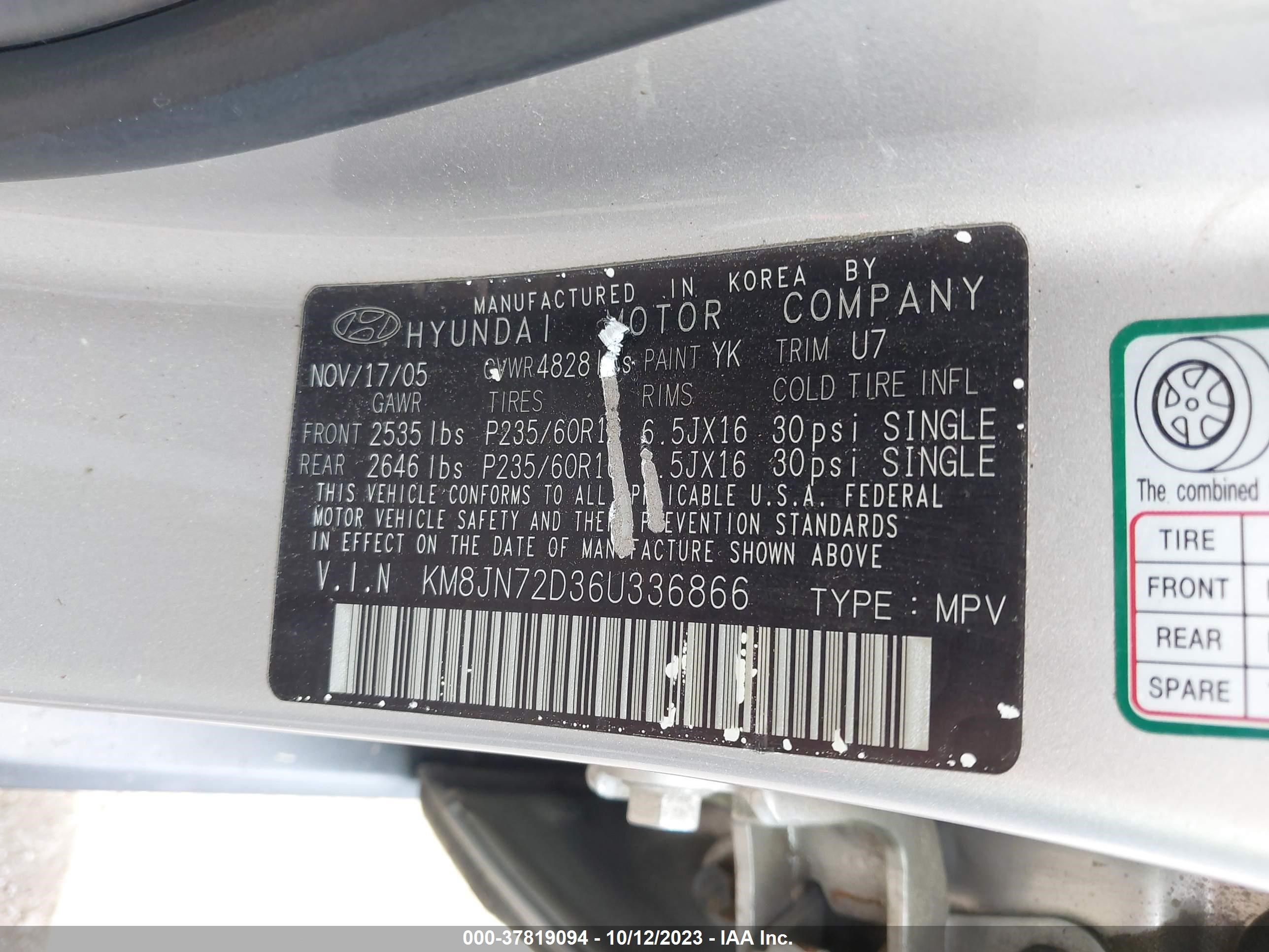 Photo 8 VIN: KM8JN72D36U336866 - HYUNDAI TUCSON 