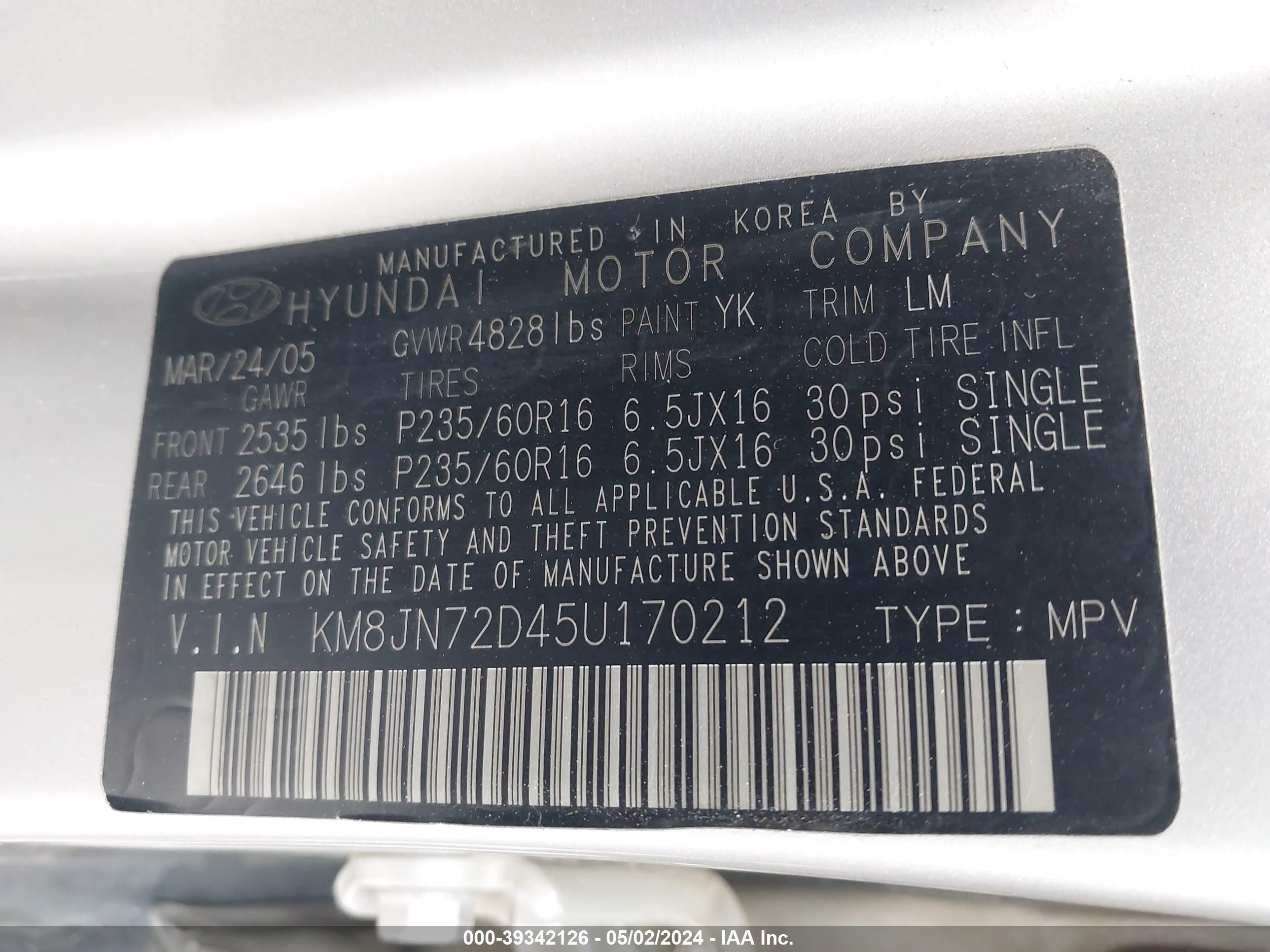 Photo 8 VIN: KM8JN72D45U170212 - HYUNDAI TUCSON 