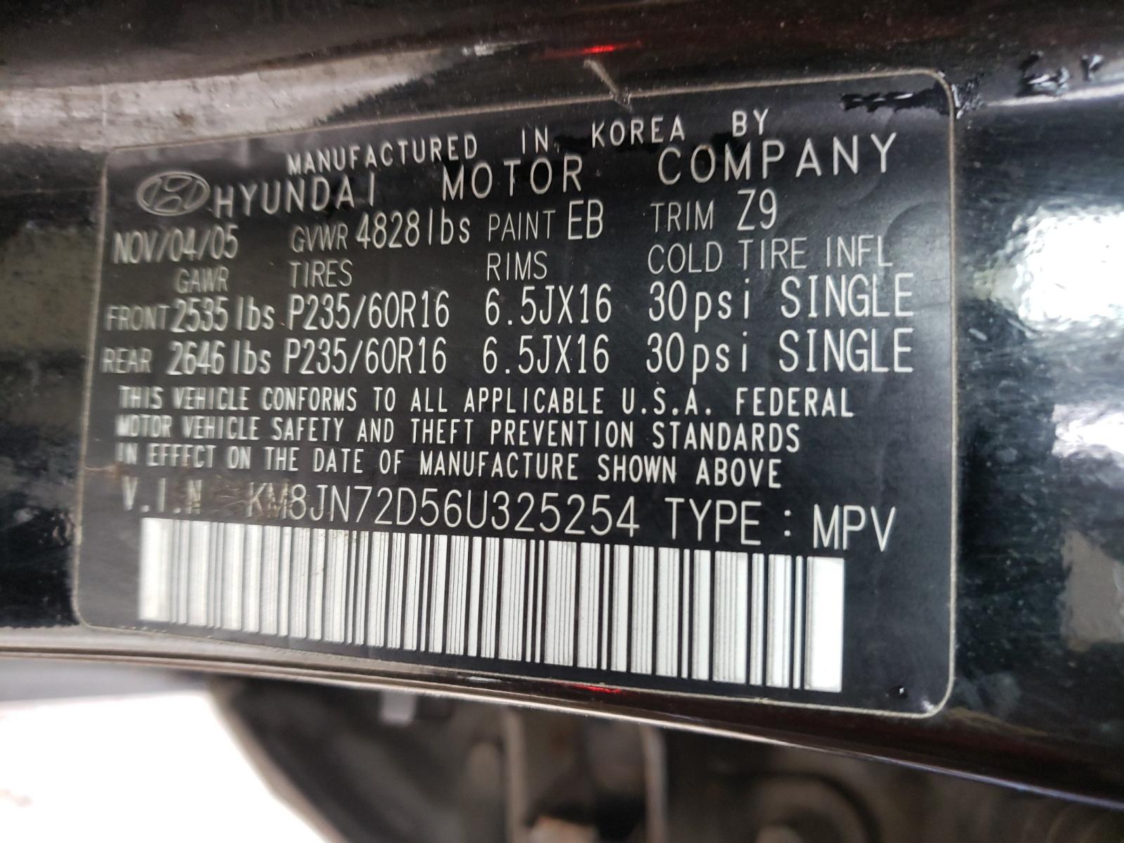 Photo 9 VIN: KM8JN72D56U325254 - HYUNDAI TUCSON GLS 