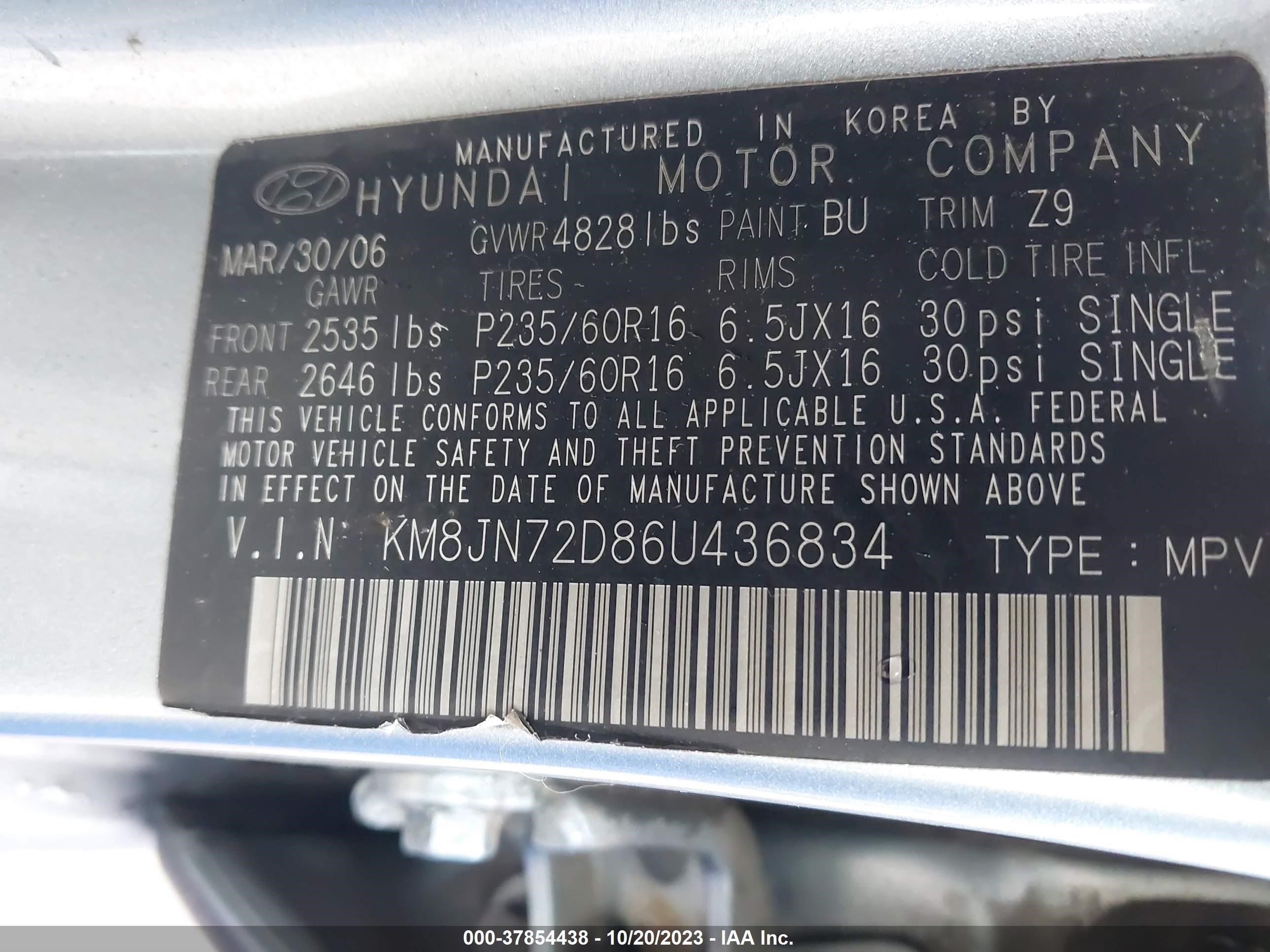 Photo 8 VIN: KM8JN72D86U436834 - HYUNDAI TUCSON 